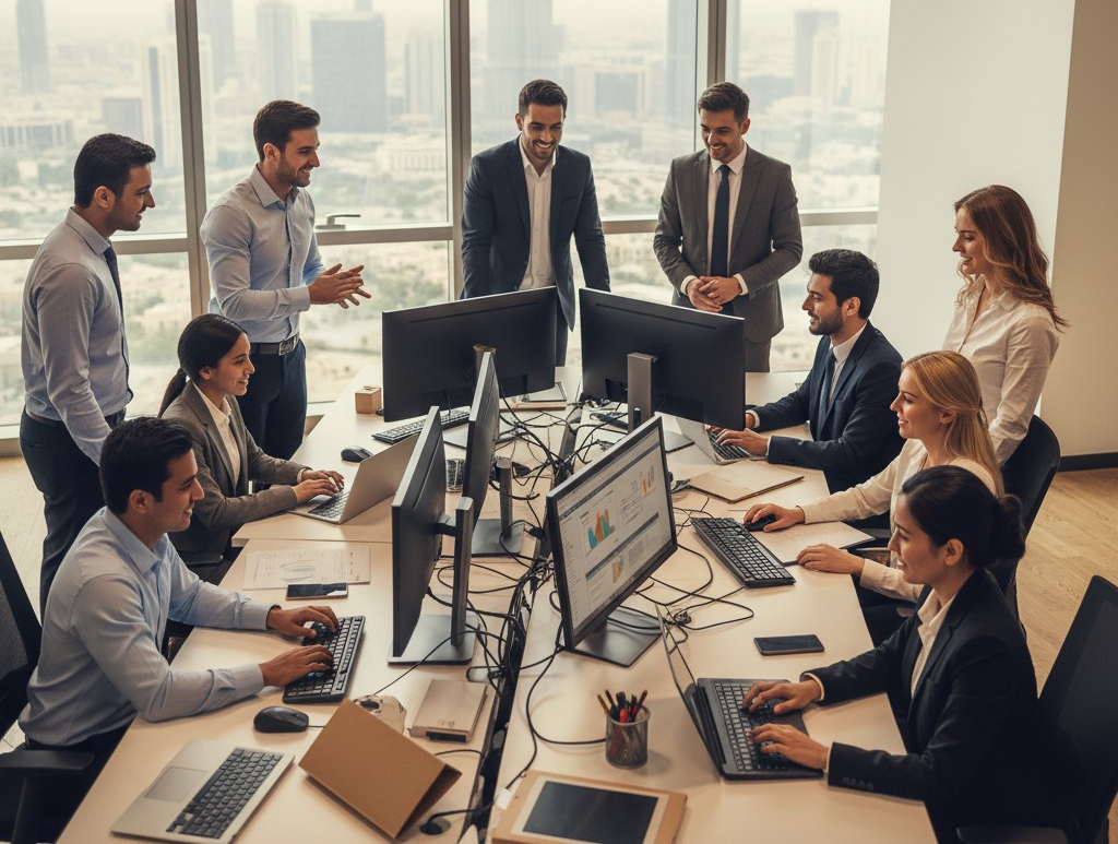 IRIX COMPUTER SYSTEMS TRADING LLC's skilled, multicultural team of IT professionals working in a Dubai office, handling global export consultations.