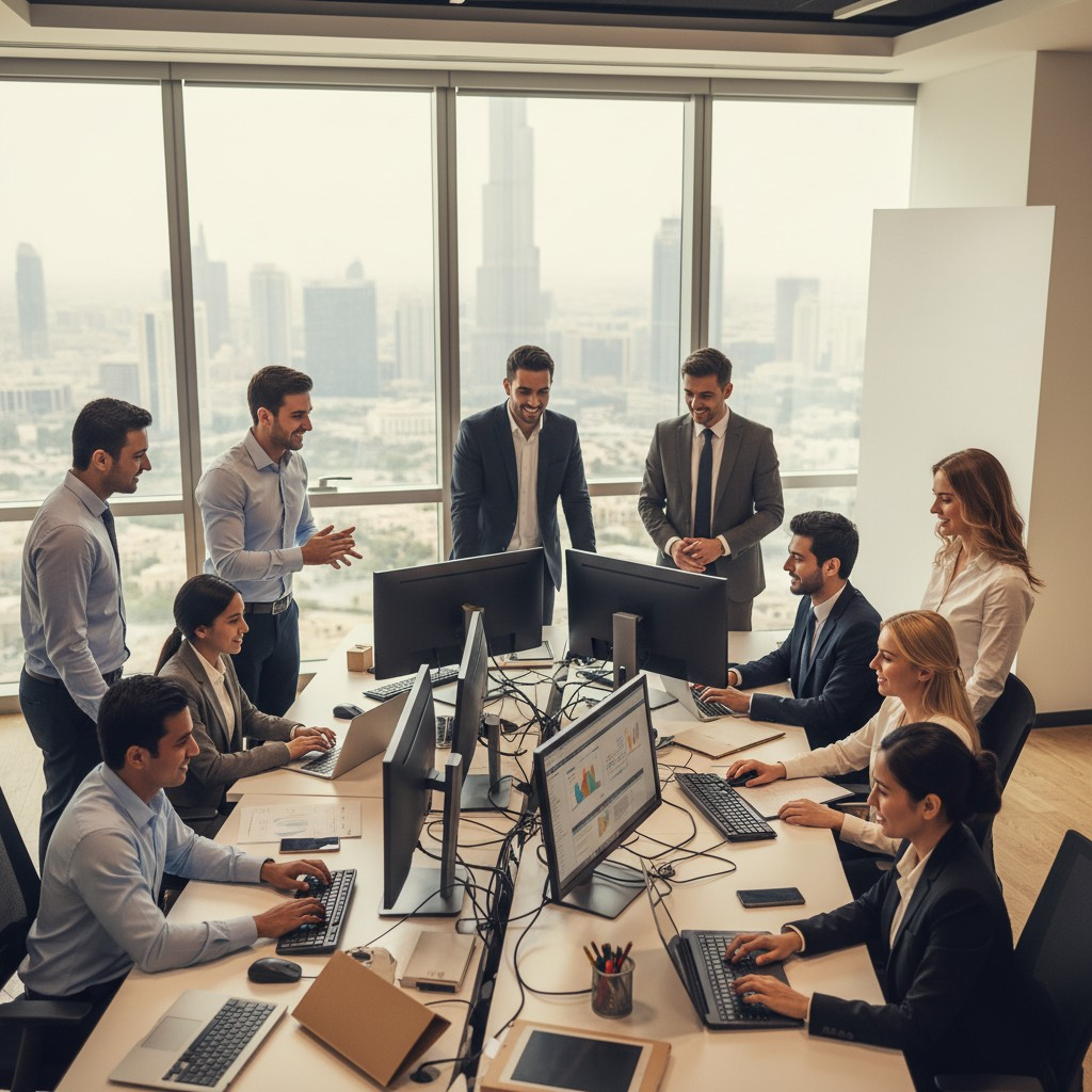 IRIX COMPUTER SYSTEMS TRADING LLC's skilled, multicultural team of IT professionals working in a Dubai office, handling global export consultations.